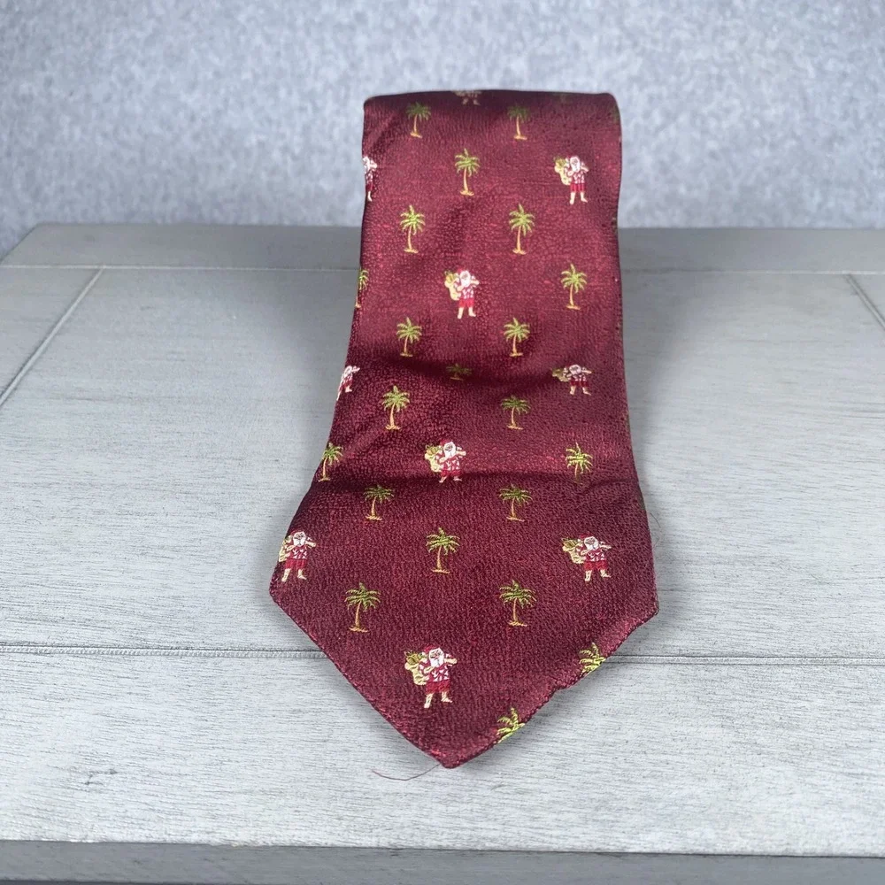Tommy Bahama Necktie Mens Burgundy Santa Palm Tree Tropical Silk Christmas
